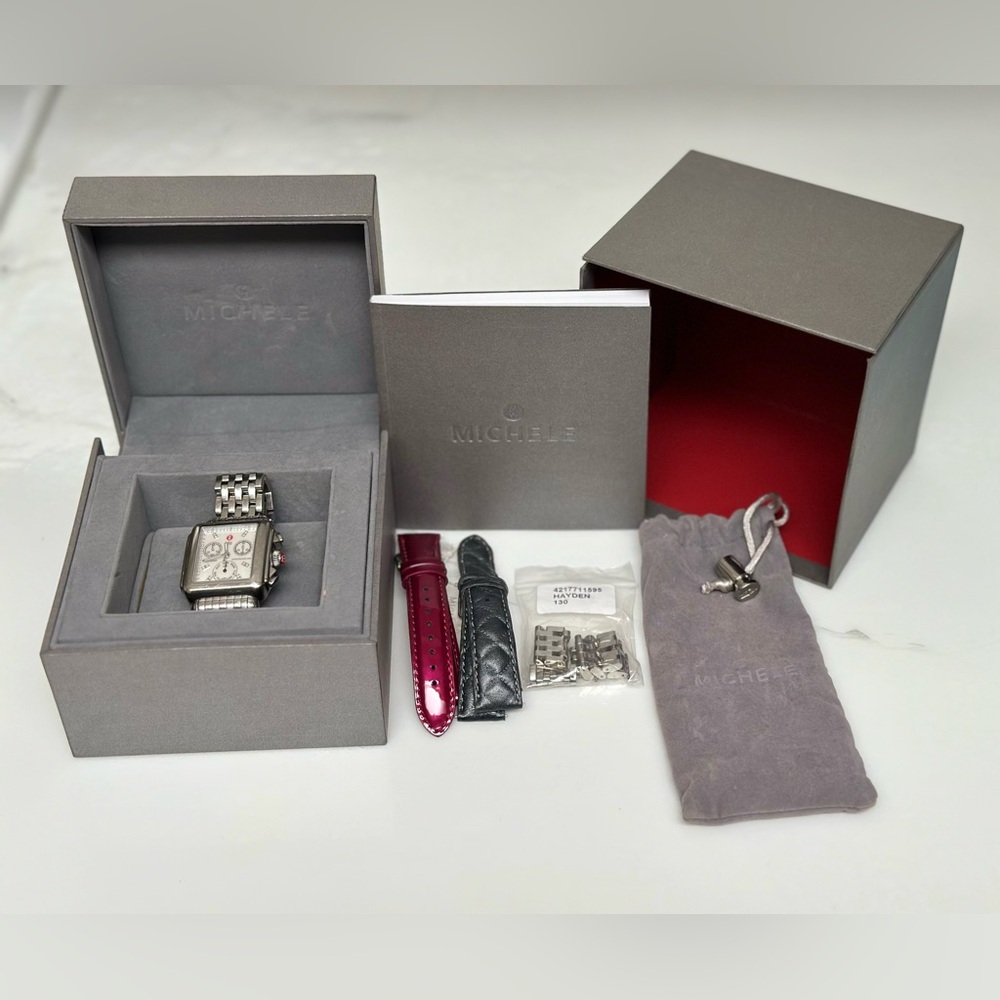 MICHELE Deco Diamond Chronograph Bracelet Watch with 3 straps, 33mm